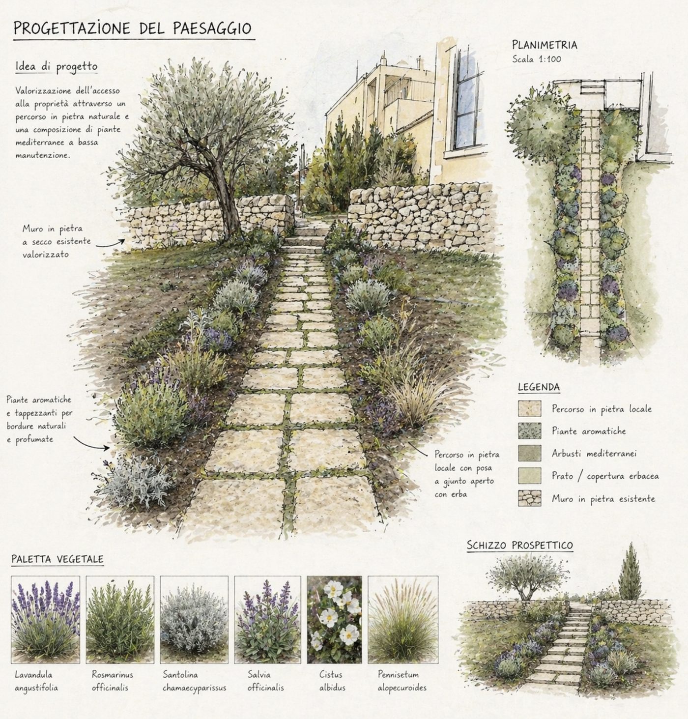 A hand-drawn landscape design board for a Mediterranean garden — plan, sketch, and plant palette.